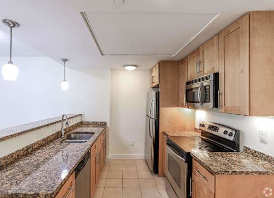 A kitchen with granite countertops and stainless steel appliances at Park87 Apartments, Cambridge, MA