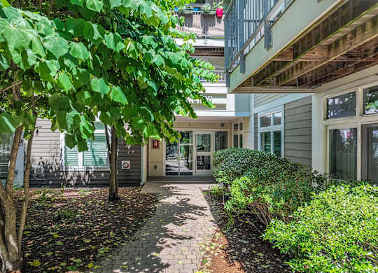 Lush greenery lining walking paths at 7 Cameron Apartments, Cambridge 02140