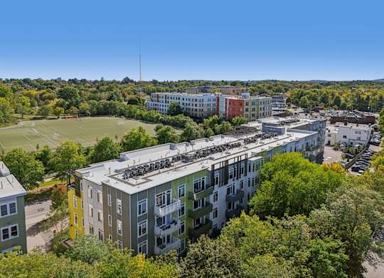 Aerial external view of the property and soccer field at Park77 Apartments, Cambridge, MA, 02138
