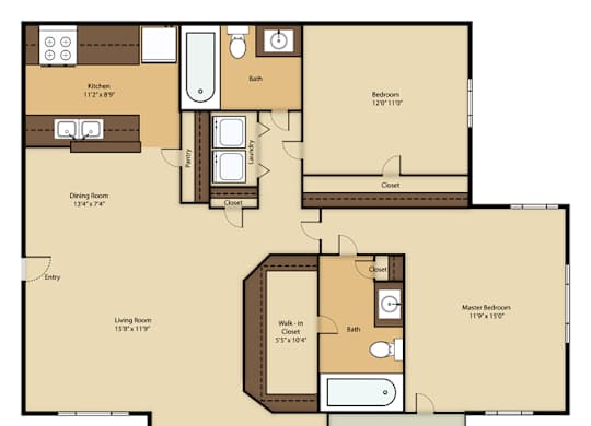 A floor plan of a house with a living room, dining room, kitchen, two bathrooms, two bedrooms, and a porch.
