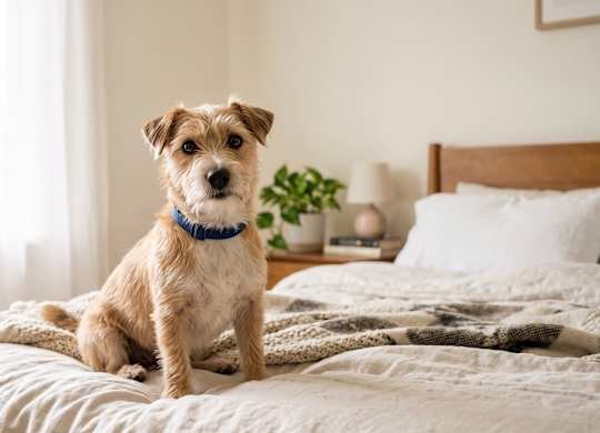 A small dog with a blue collar sits on a bed.