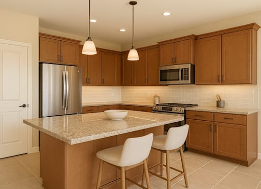 A kitchen with wooden cabinets and a granite countertop.