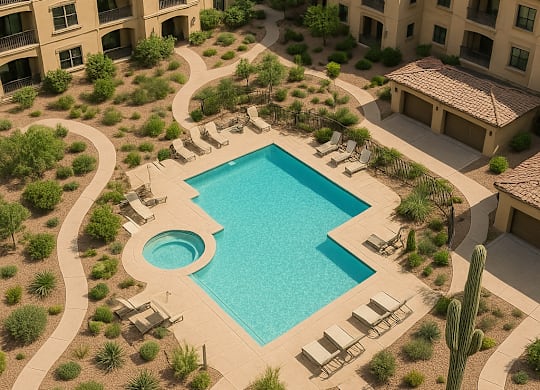 A swimming pool surrounded by a desert landscape and buildings.