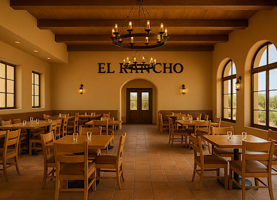 A restaurant with wooden tables and chairs and a sign that says "El Rancho".