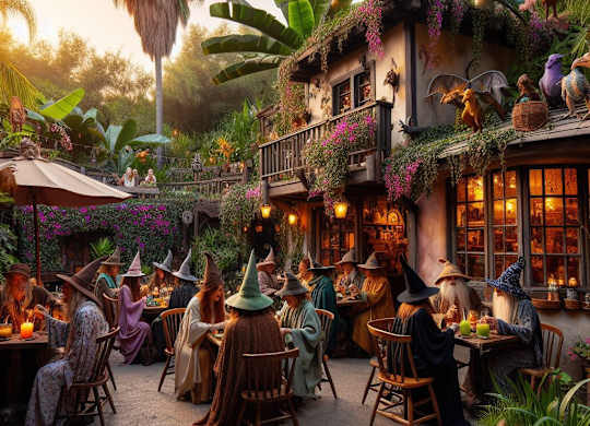A group of witches are gathered in a courtyard.