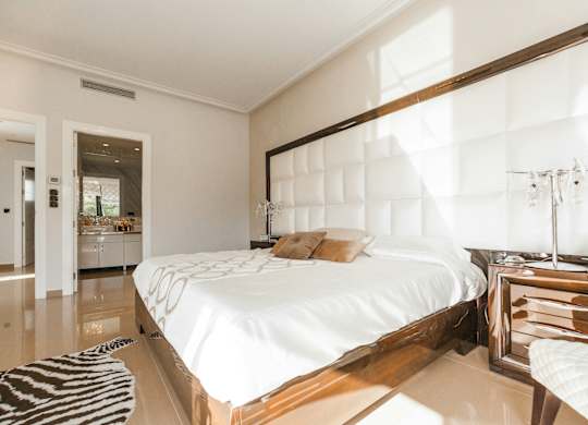 A bedroom with a large bed and a zebra rug on the floor.