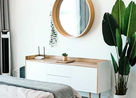 a bedroom with a mirror and a bed and a plant