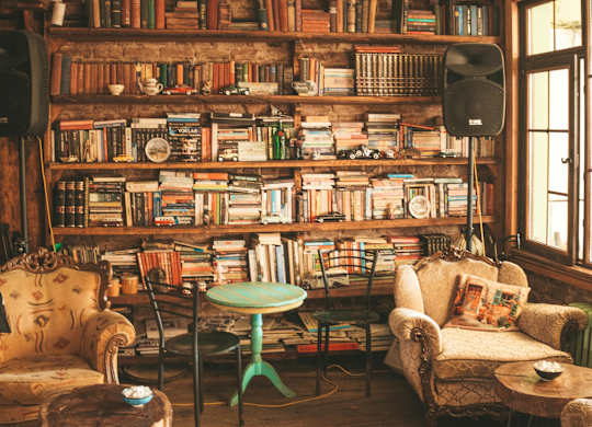 A cozy room filled with books and furniture.