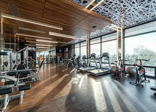A gym with a variety of equipment including treadmills, weights, and exercise bikes.