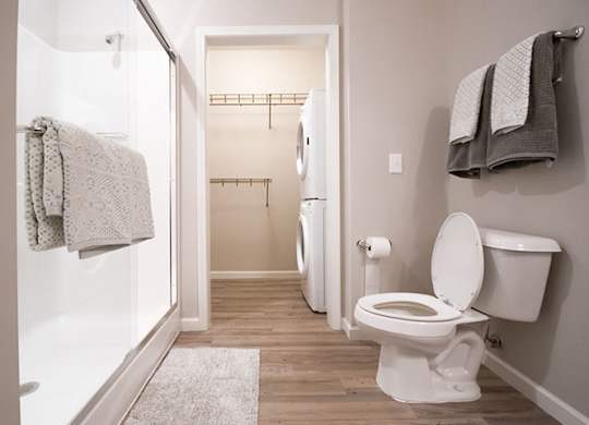 Hardwood floor bathroom  with walk-in closet