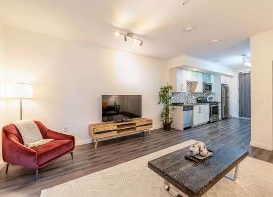 a living room with a couch and a table