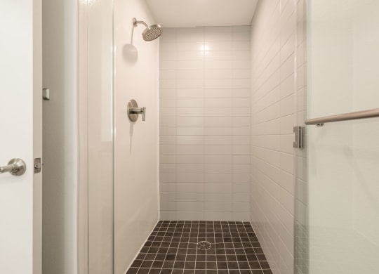 a tiled shower in a bathroom with a white door