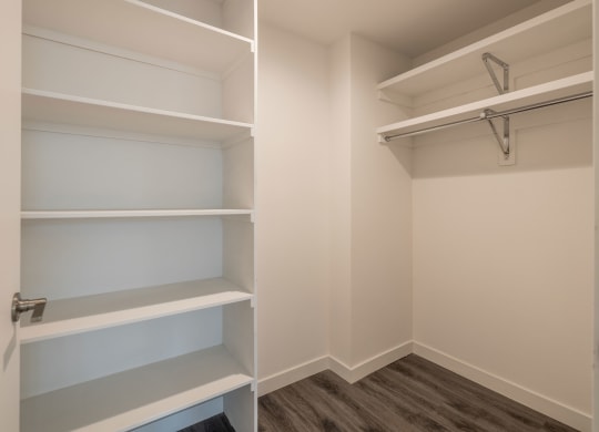 a walk in closet in a home with empty shelves