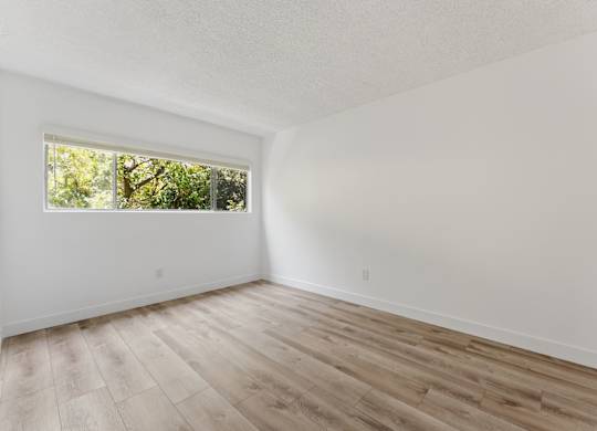 A room with a window and wooden flooring.