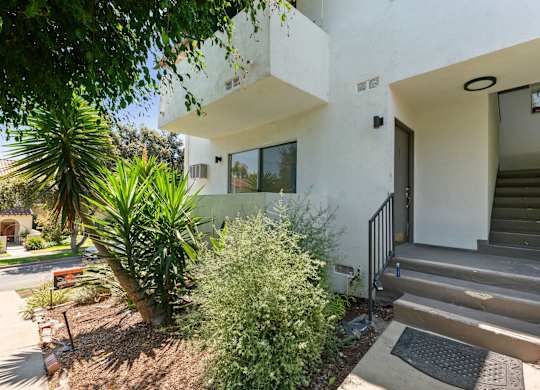 A white modern house with a tree in front.