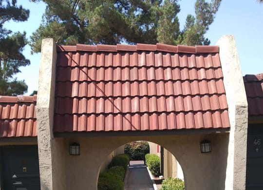 Transition walkway between buidings at Teton Pines Apartments in Escondido, California.