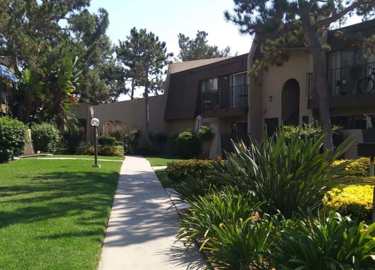 Gorgous walkways between buildings and apartments at Teton Pines Apartments in Escondido, California.
