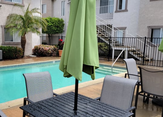 Inviting pool and sun deck chairs and umbrellas at Lakeshore Terrace Apartments in Lakeside, California.