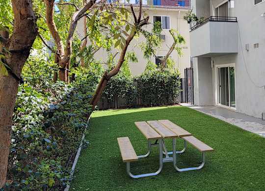 Peaceful garden area at the Carlton Apartments in Los Angeles, California.