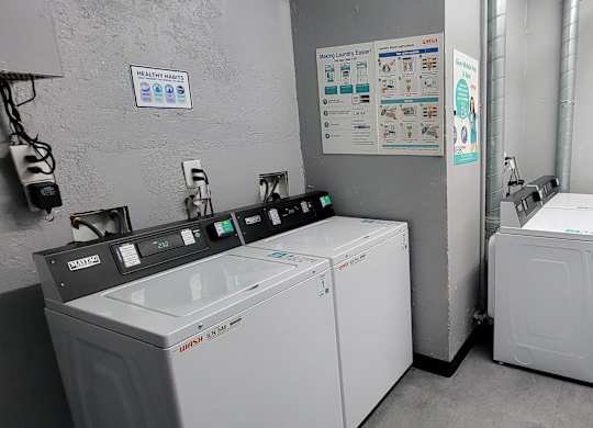 Laundry room washing machiines at The Carlton Apartments in Hollywood, California.