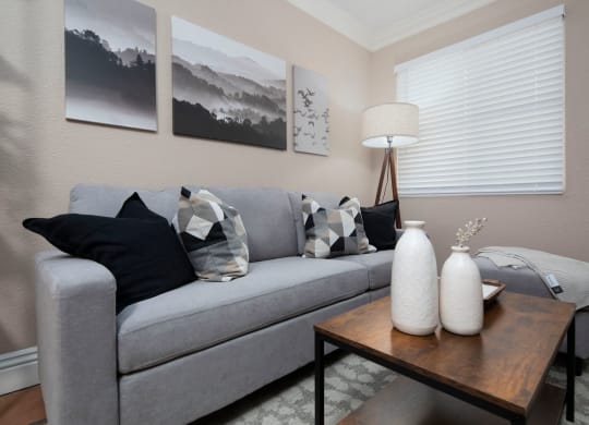 Living room of model unit with Saltillo tile flooring, crown molding and custom window blinds at the Atruim Apartments in San Diego, California.