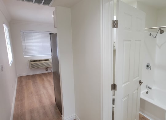 Hallway bathroom in one bedroom at the Atrium Apartments in San Diego.