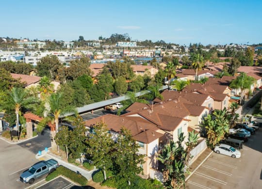 Aerial view of enterance to The Niines Townhomes in Escondido, California.