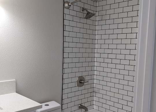 Nice white bathroom at The Hardison Apartments in Pasadena, California.