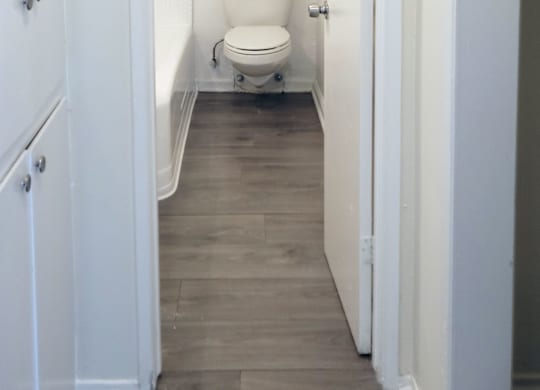 A white bathroom with a toilet and a shower.