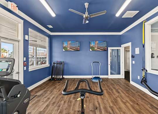 A gym with a treadmill, exercise bike and weights.