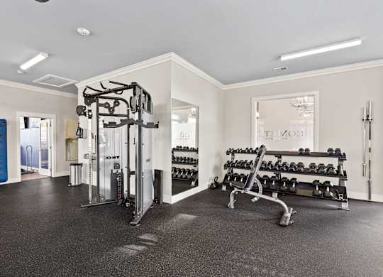 A gym with a variety of equipment including a treadmill, weights, and a bench press.
