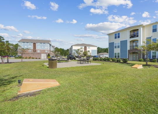 the preserve at ballantyne commons courtyard with grass and tables and buildings
