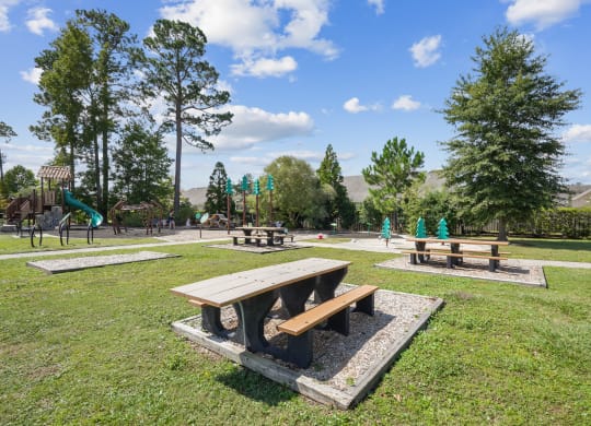 a picnic area in a park with benches and playground equipment