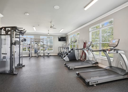 the gym is equipped with cardio equipment and windows