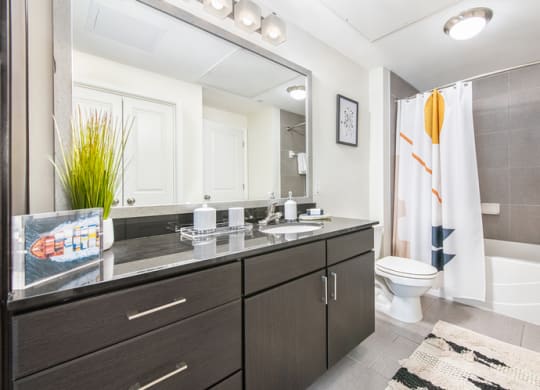 a bathroom with a large mirror and a toilet