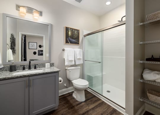 a bathroom with a shower toilet and sink and a mirror