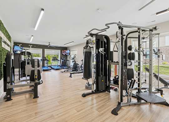 A gym with a variety of equipment including a squat rack, leg press, and a bench press.