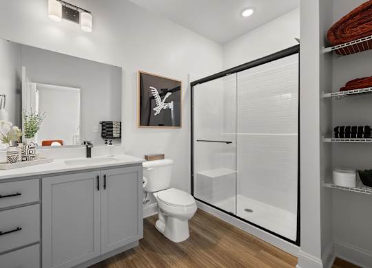 A bathroom with a toilet, sink, and a cabinet.