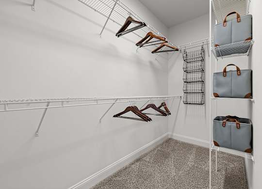 A walk-in closet with clothes hanging and bags on shelves.