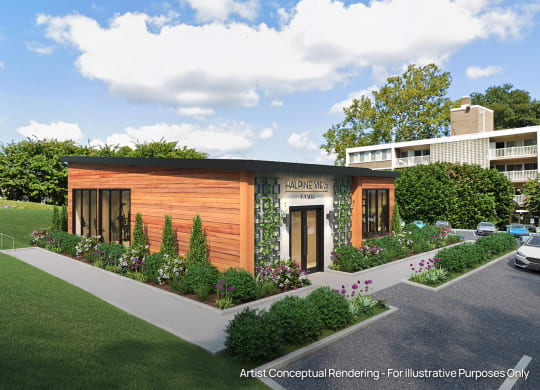 a conceptual rendering of a modular building with a garden