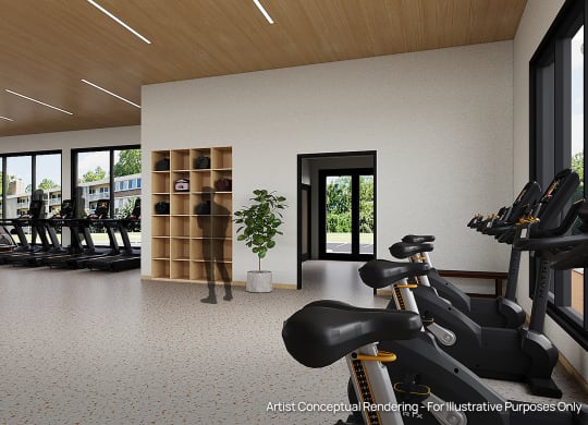 a rendering of a gym with exercise equipment and windows