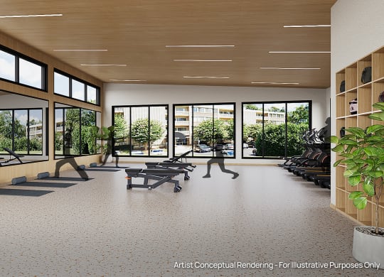 a rendering of a gym with cardio equipment and windows