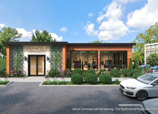 a rendering of a building with a car parked in front of it