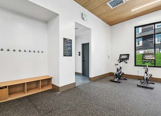 A room with exercise bikes and a window showing a green lawn.