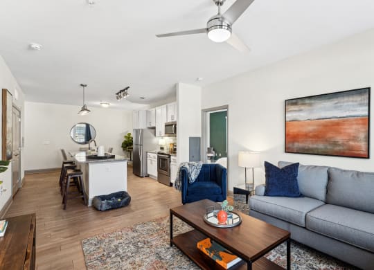a living room with a couch and a table