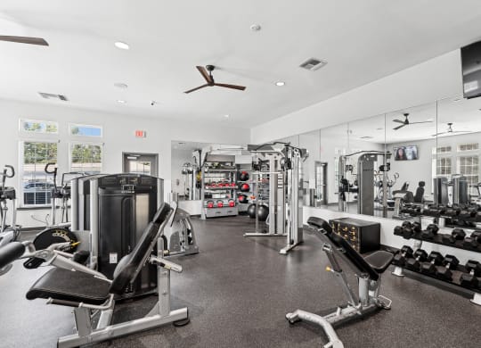 a gym with cardio machines and other exercise equipment