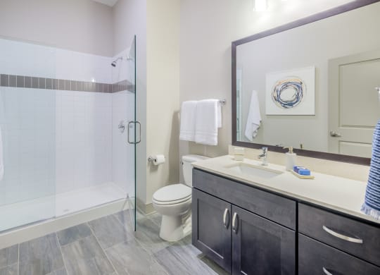 a bathroom with a shower and a sink and a mirror
