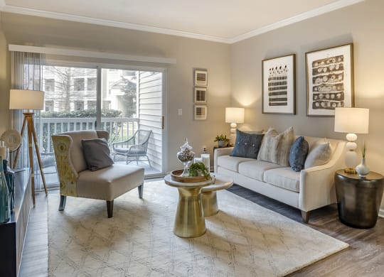 a living room with a couch and chairs and a rug