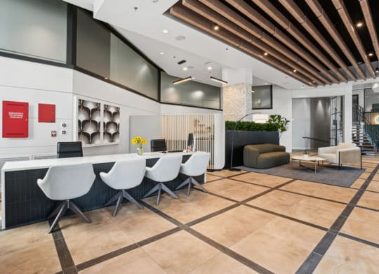a large conference room with a table and chairs
