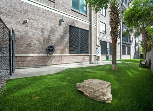 the yard of a building with a rock on the grass